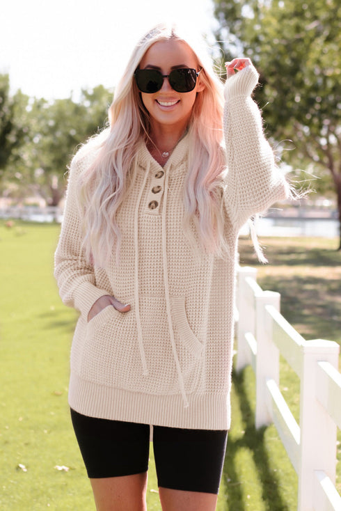 Apricot Waffle Knit Buttons Hooded Sweater With Pocket